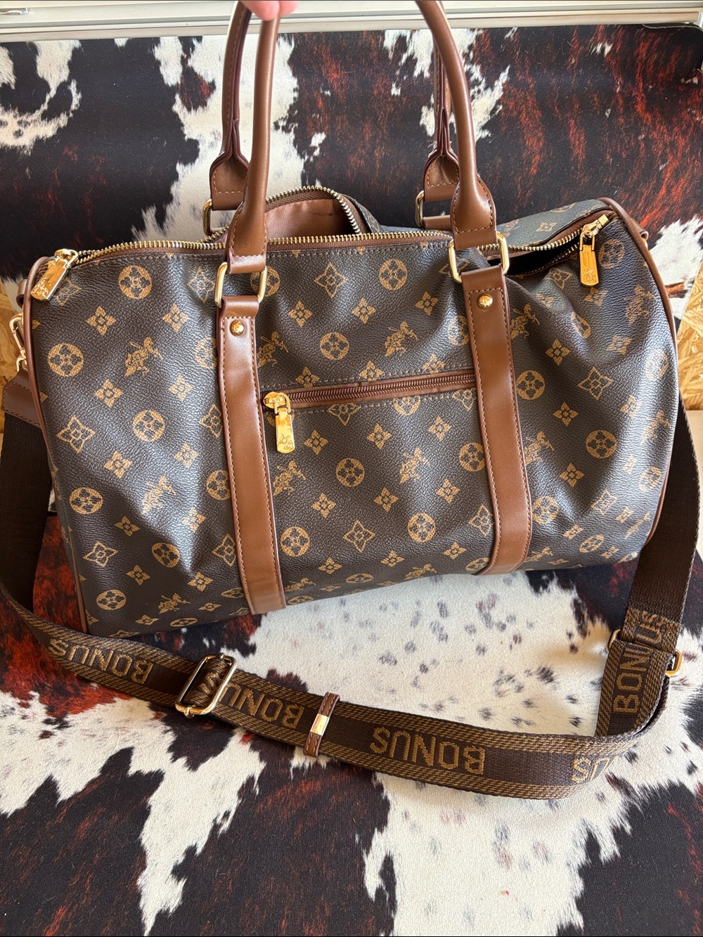 Monogram Pattern Duffel in Brown and Tan